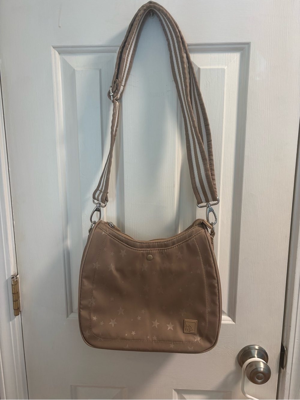 HKWF Nude/Tan Star Embossed Nylon Camera Bag Crossbody – Removable Strap